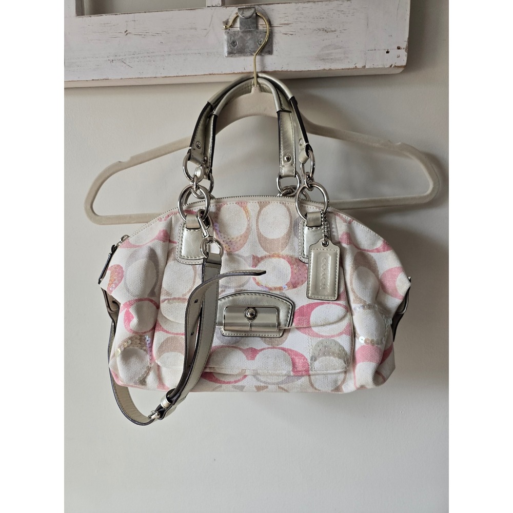 Coach Poppy Signature Sateen Applique Pink Sequin Satchel Bag M1171-19338